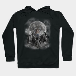 Three Wolves Howling - Full Moon with Wolf Silhouette Hoodie